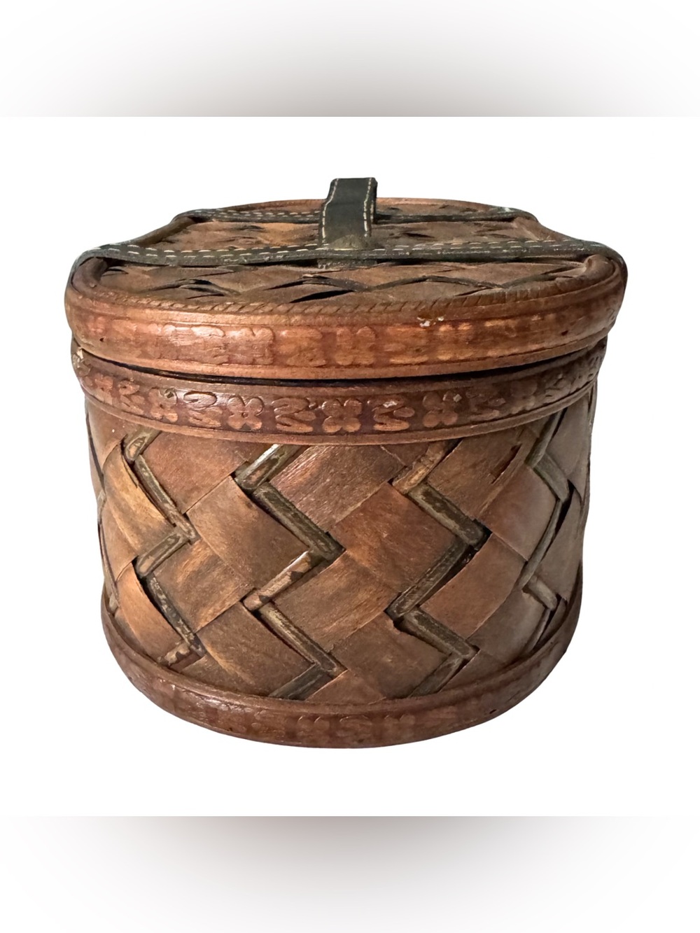Vintage Woven Wood Box Leather Straps Metal Latch Hinges Antique Style - Picture 4 of 7